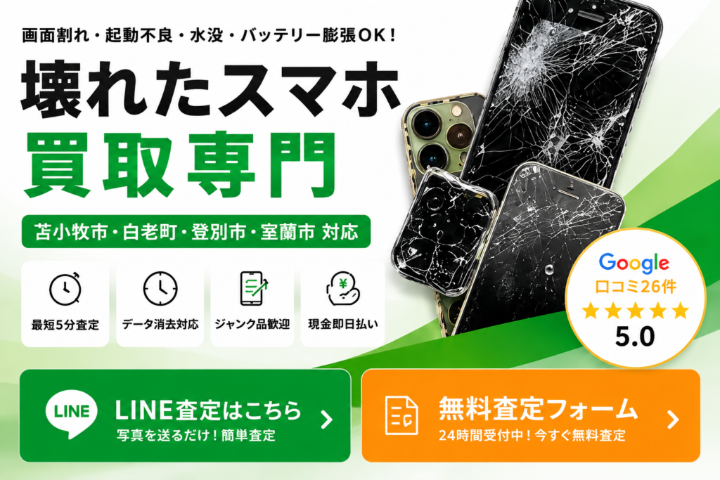 画面割れ・起動不良・水没・バッテリー膨張OK。壊れたスマホ買取専門。苫小牧市・白老町・登別市・室蘭市対応。Google口コミ26件、評価5.0。