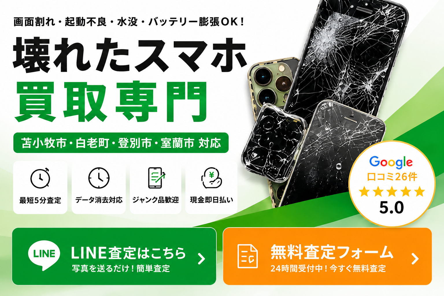 画面割れ・起動不良・水没・バッテリー膨張OK。壊れたスマホ買取専門。苫小牧市・白老町・登別市・室蘭市対応。Google口コミ26件、評価5.0。