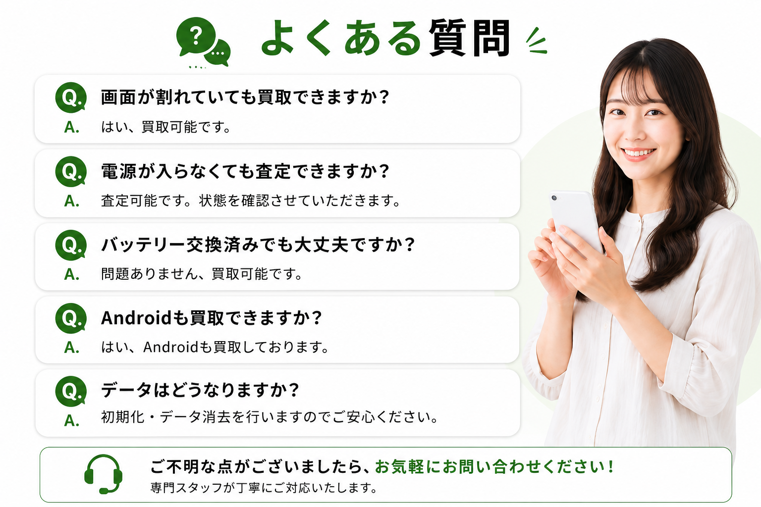 画面割れ、電源不良、バッテリー交換済み、Android、データ消去に関するよくある質問。